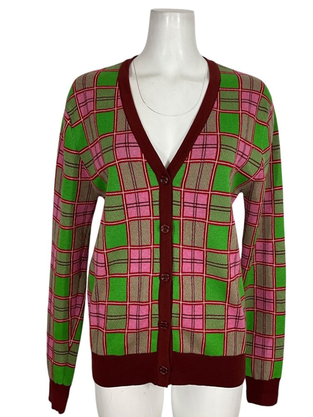 Molly Goddard Emma Cardigan Sweater M Pink Green Tartan Plaid Combed Cotton - Picture 6 of 16
